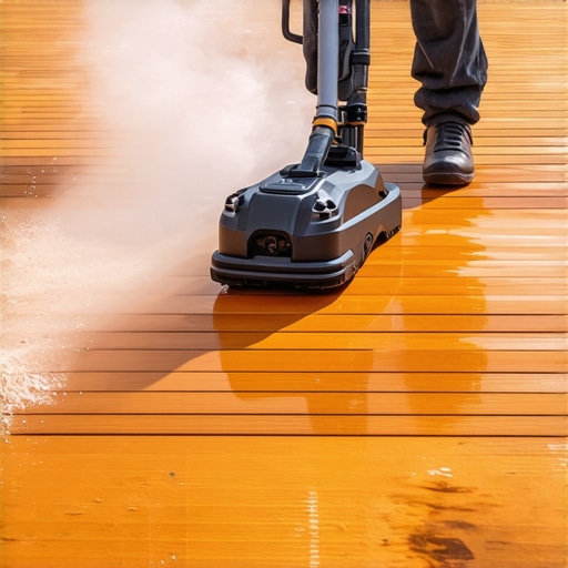 Professional deck worker applying stain with a pneumatic sprayer on a wooden deck