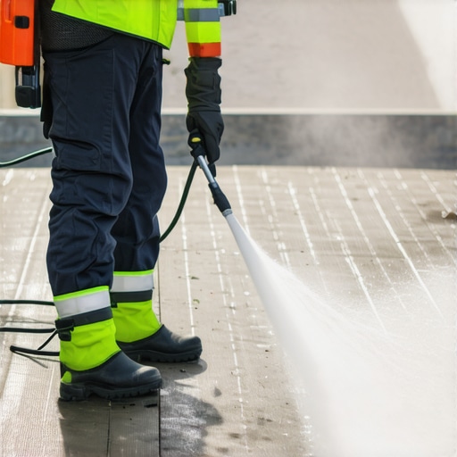 Person cleaning a deck with an electric pressure washer