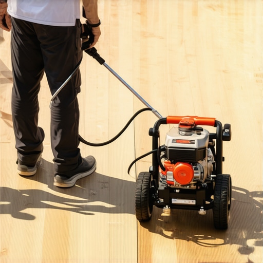 Homeowner cleaning a wooden deck with a pressure washer