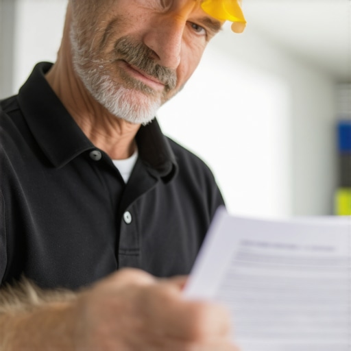 Homeowner reviewing license and insurance documents with deck builder