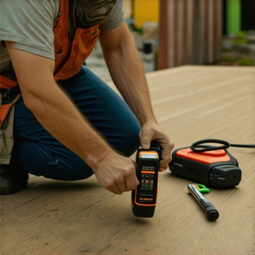 Accurate Measurement for Deck Maintenance Homeowner measuring deck railing height with laser measure