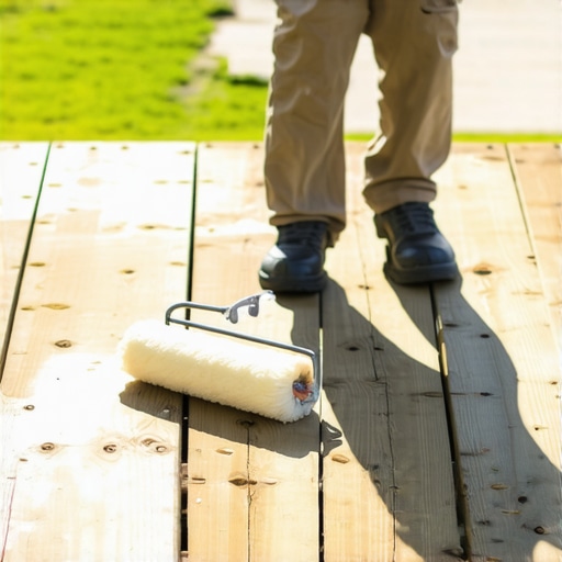 Person coating a wooden deck with sealer using a roller during daytime.