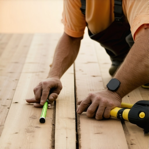 A skilled deck builder inspecting a wooden deck's joint, highlighting craftsmanship and precision.