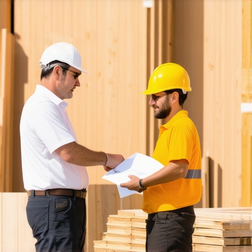 A deck builder reviewing materials with a supplier in a lumberyard.