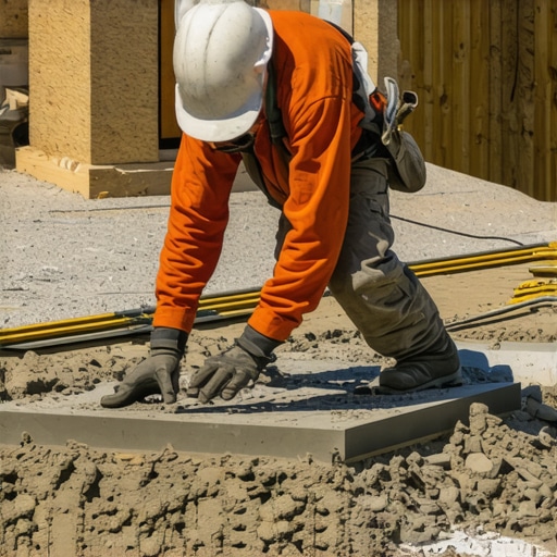 Worker pouring concrete footings into drilled holes on uneven terrain