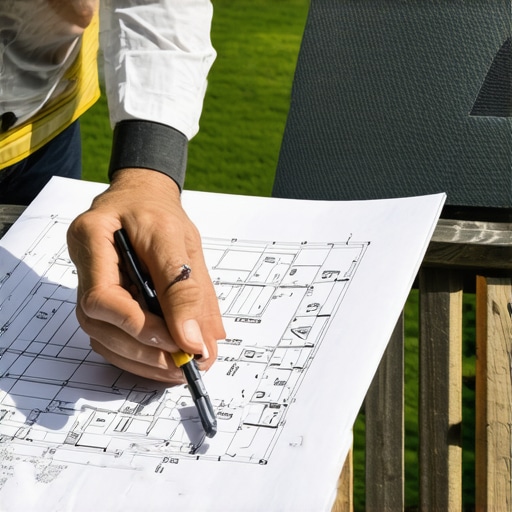 A contractor and homeowner examining detailed blueprints for a deck project.