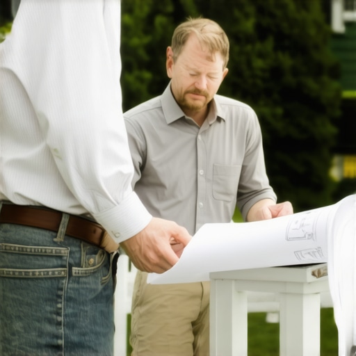 Contractor and homeowner reviewing deck design plans outdoors.