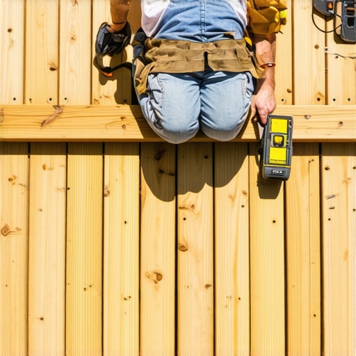 Deck inspector evaluating a backyard wooden deck for structural integrity in Needham
