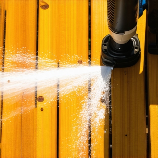 A person using a cordless power washer to clean a wooden deck in Needham
