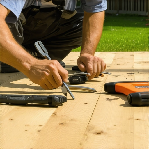 Homeowner inspecting the surface and fasteners of a wooden deck
