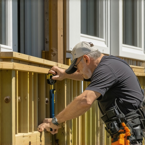 Deck Maintenance Tools in Action Homeowner inspecting outdoor deck wiring with modern tools for maintenance