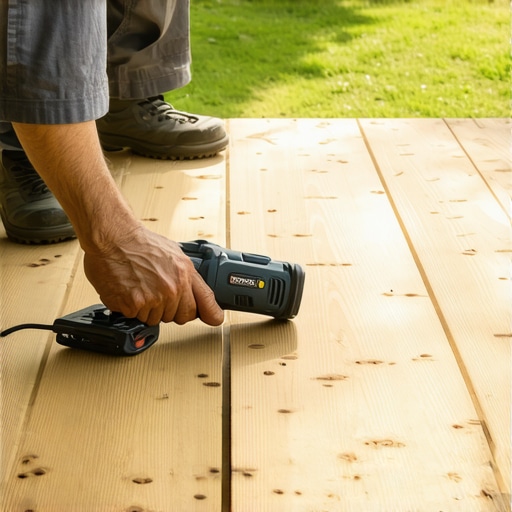 A deck builder inspecting wood moisture and drilling for repairs in Needham