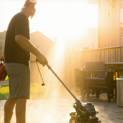Person cleaning and sanding a wooden deck with power tools in a backyard