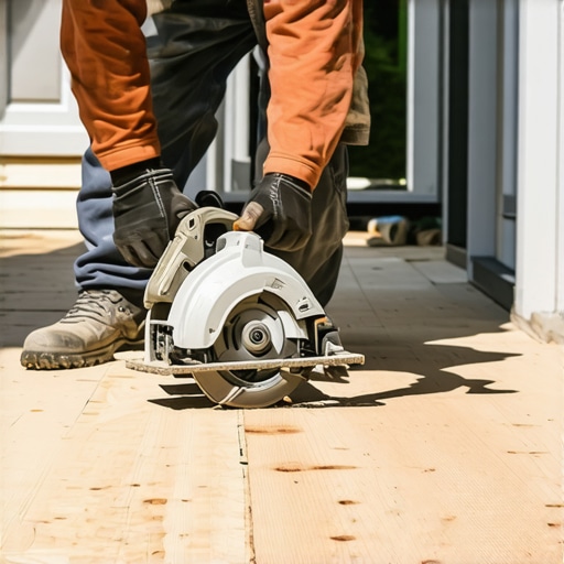 A contractor cutting composite decking material with a cordless circular saw