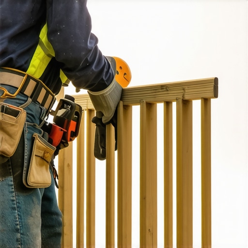 Close-up of a contractor measuring and installing deck railing on a residential deck in Needham.