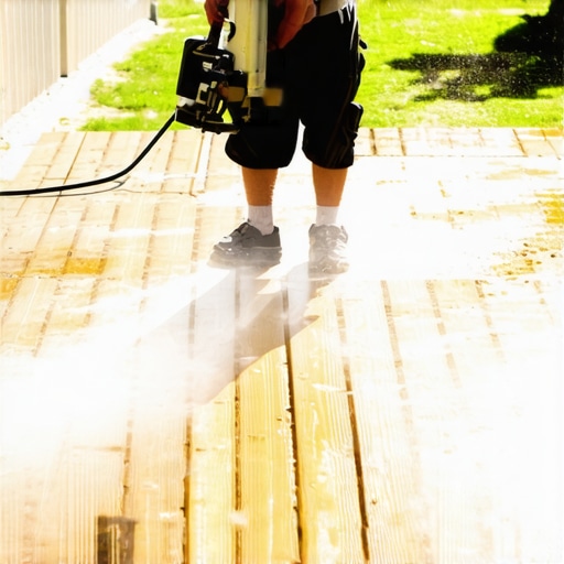 Homeowner power washing a Needham wooden deck to remove dirt and debris.