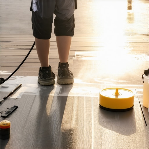 Close-up of a pressure washer nozzle cleaning a composite deck, highlighting proper technique