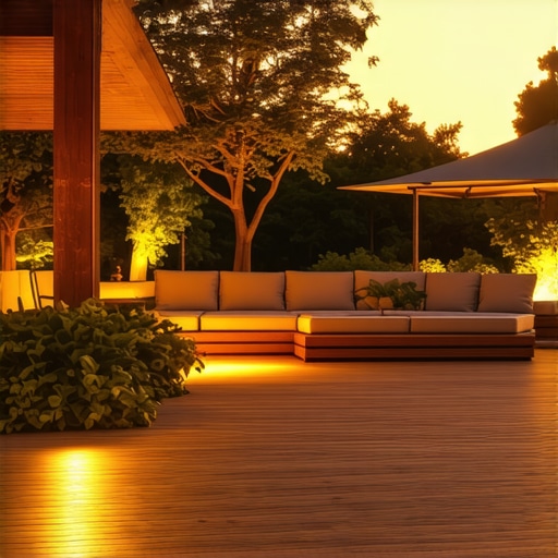 A well-lit deck showcasing layered outdoor lighting, perfect for evening lounging.
