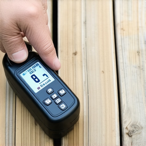 Homeowner checking moisture levels on a deck with a digital meter