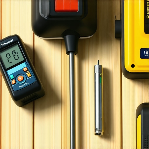 Collection of tools used for deck inspection and maintenance, including moisture meter, laser level, and power sander.