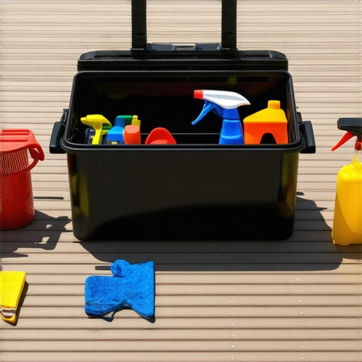 A neatly arranged collection of pressure washers, brushes, and sprayers for deck care.