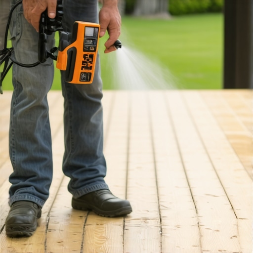 Homeowner cleaning deck with power washer and checking moisture with a meter, highlighting proper care techniques.