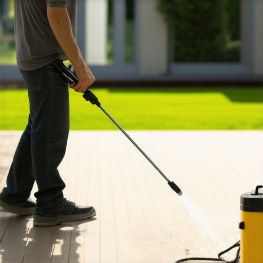 Homeowner cleaning and inspecting a Needham deck with power washer and moisture meter