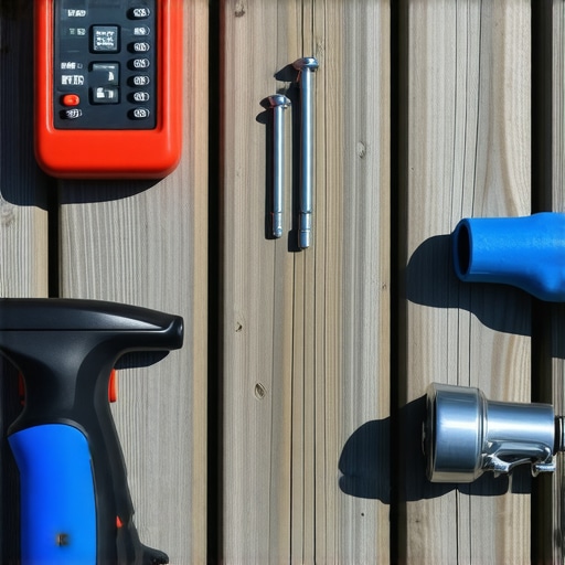 A collection of deck maintenance tools including moisture meter, power washer, and screws on a wooden deck.