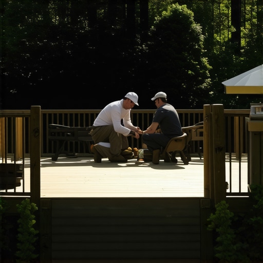 Skilled deck builders installing a wooden deck in a Needham backyard