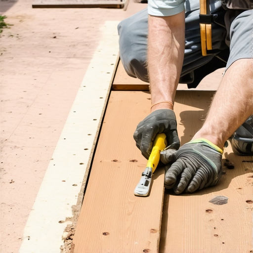 Close-up of a carpenter measuring wood for deck construction