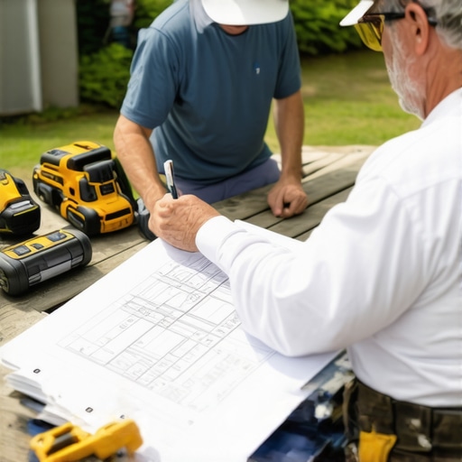 Deck builder discussing plans with a homeowner on-site