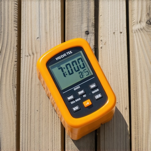 High-Tech Moisture Monitoring for Decks A hand using a digital moisture meter on a wooden deck to check for moisture levels.
