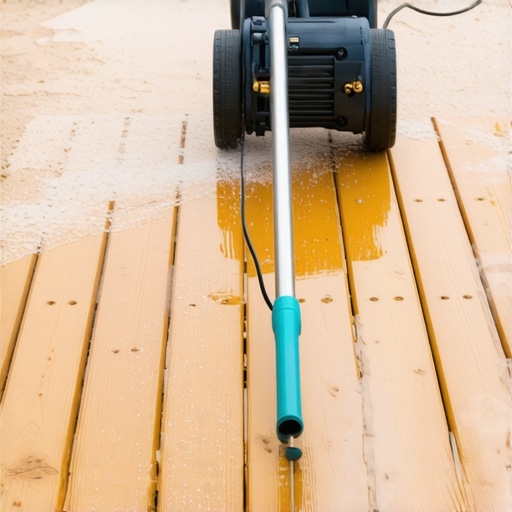 Person using a pressure washer to clean a wooden deck