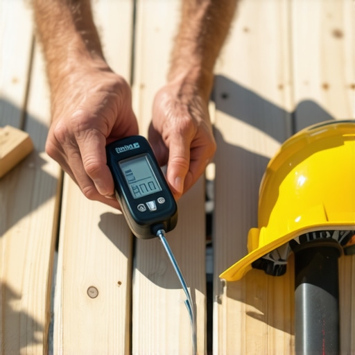 Close-up of a moisture meter being used on a wooden deck in Needham.