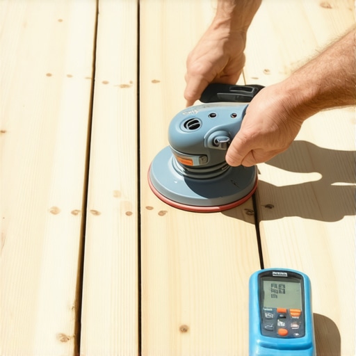 Person sanding a wooden deck with a cordless orbital sander and moisture meter in backyard