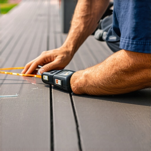 Person measuring and cleaning their composite deck to ensure proper maintenance in Needham.