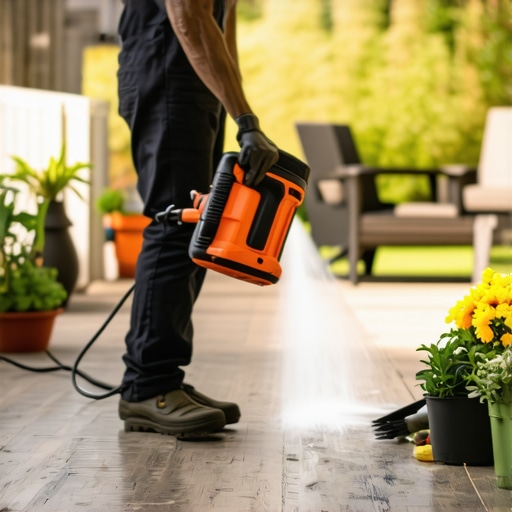 Person cleaning a composite deck with a power washer in Needham