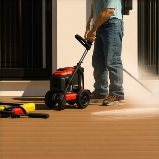 Person cleaning a wooden deck with a power washer