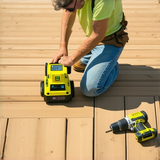 Person measuring and tightening deck boards with digital laser level and power drill on Needham-style deck.