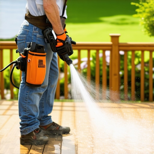 Homeowner Power Washing Deck A person using a pressure washer on a backyard wooden deck to remove dirt and mildew