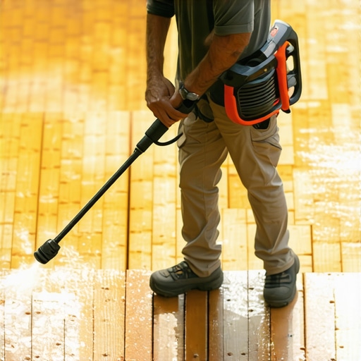 Person cleaning a wooden deck with a cordless power washer to maintain its appearance and longevity.