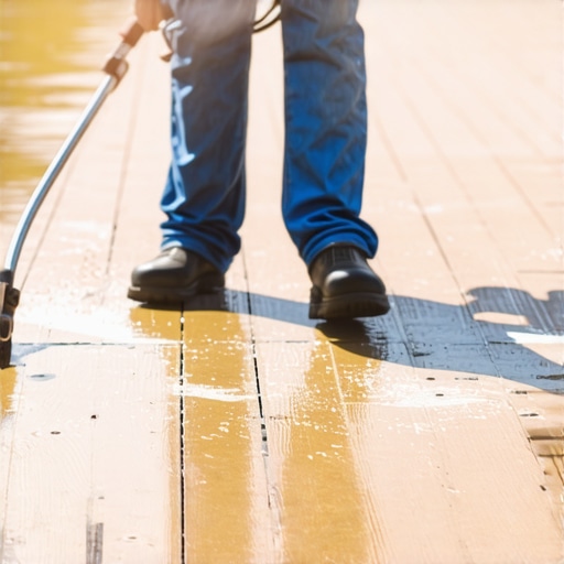 Person cleaning wooden deck with a power washer in backyard during sunny day