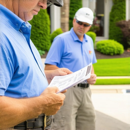 Homeowner and contractor discussing permit paperwork outside a house