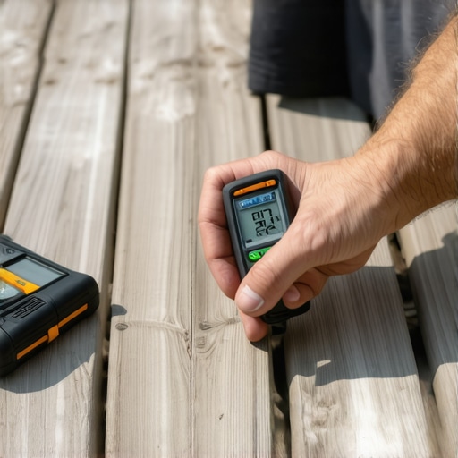 Person measuring moisture content on a wooden deck with a moisture meter.