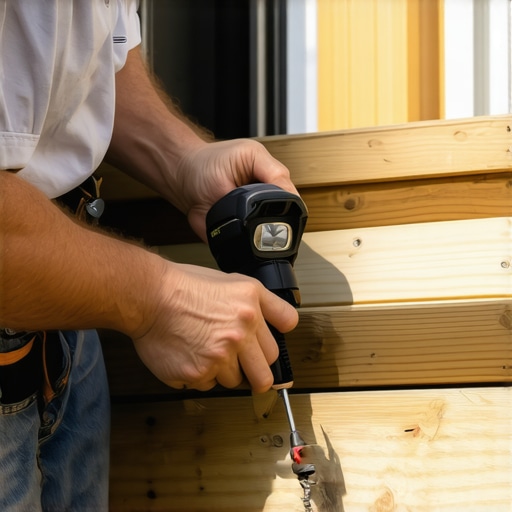 Person checking deck screws and wood stability with a flashlight