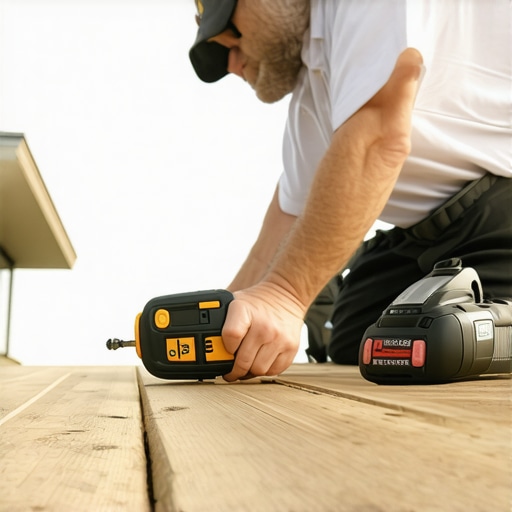 Homeowner inspecting deck with tools Person using moisture meter and impact driver for deck maintenance