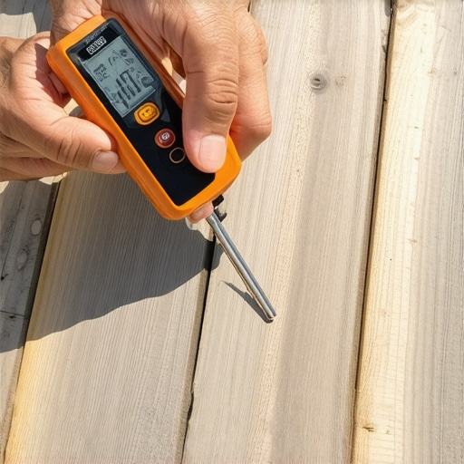 Person measuring moisture in a deck with a digital device
