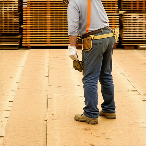 A lumber yard worker examining hardwood planks for durability and quality.