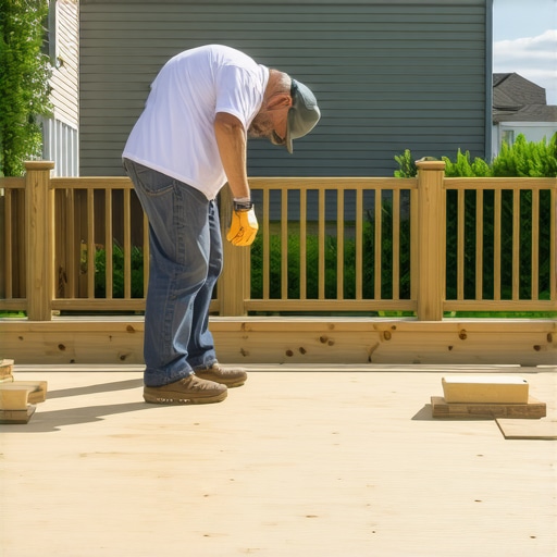 A homeowner examining their newly constructed backyard deck, inspecting the materials and safety features
