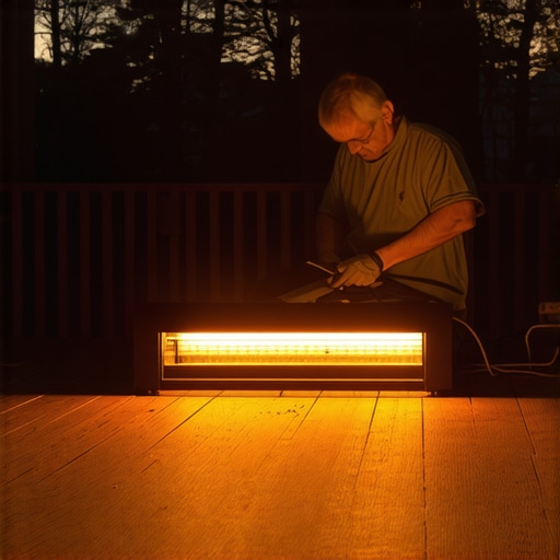 Technician securing a wall-mounted infrared outdoor heater on a well-lit Needham deck.